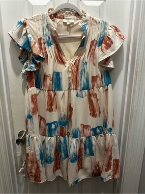 Entro Brushstroke Print Tiered Ruffle Dress - Cream, Blue & Rust